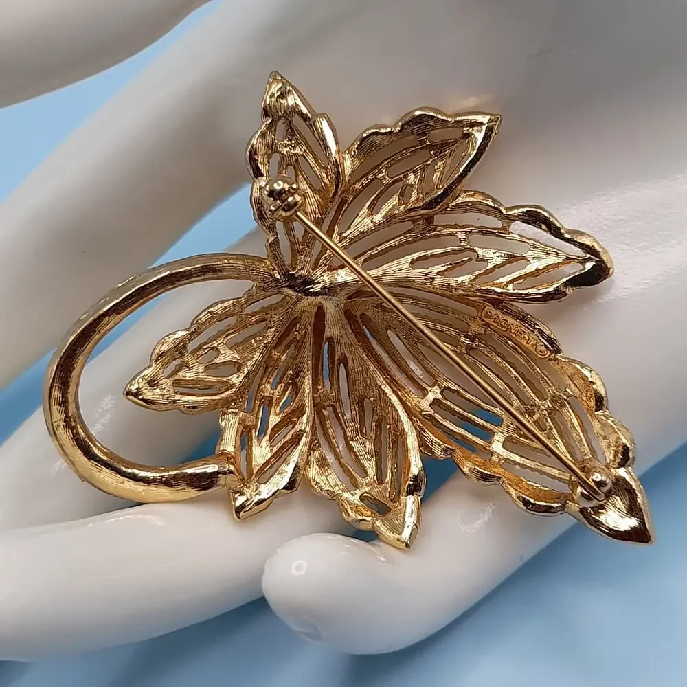 Vintage Monet Gold Plated Maple Leaf Brooch, 2 Inches, 1980s